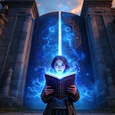 The primary subject of the image is a young girl holding a book. She is standing in front of a large, ornate door with a blue glow surrounding it. The setting appears to be a fantasy or magical environment, as the girl is holding a magical book. The visual style of the image is a digital art or illustration, with a vibrant and colorful atmosphere.